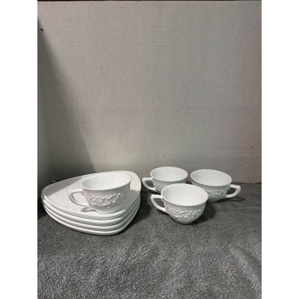 Vintage Milk Glass Tea Cup and Floral Embossed Plate Snack Set